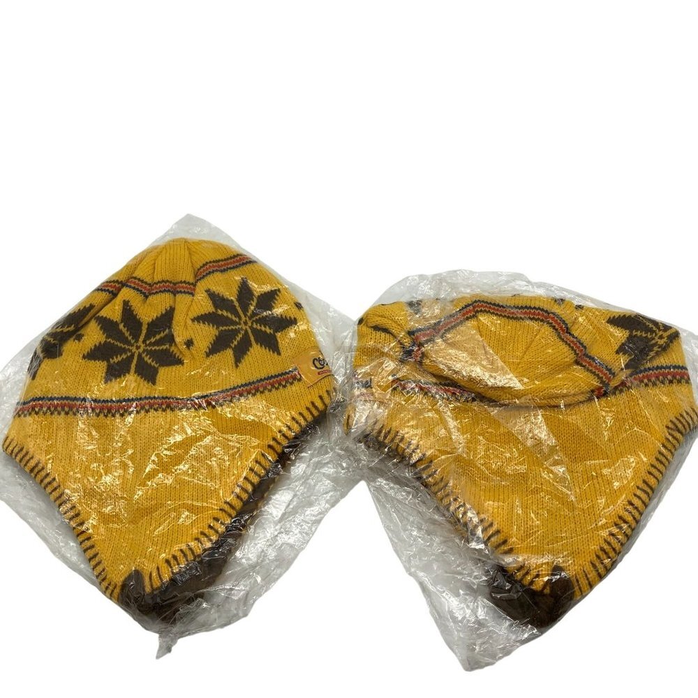 Cecemel Chocomel Kids L (10-12) Yellow Ear Flap Fair Isle Winter Hats 2 Pc Lot